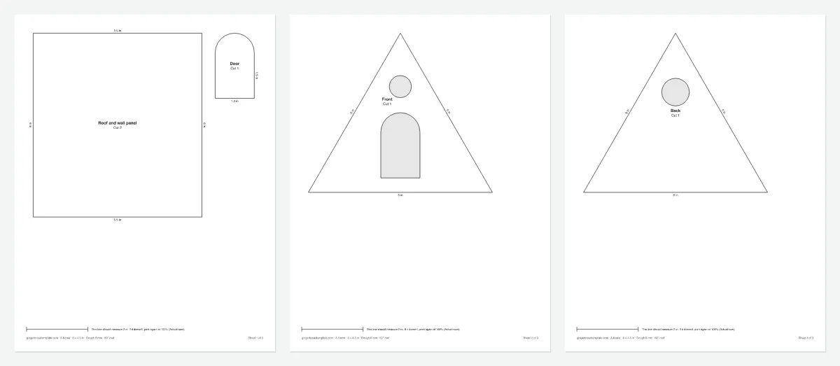 Printable A-frame gingerbread house template with measured triangle and roof panel pieces (Medium, 6 in)