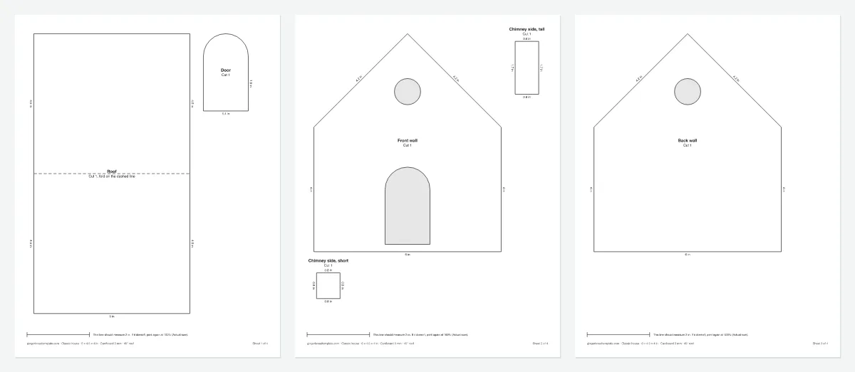 Printable cardboard gingerbread house template with measured walls and a folding roof (Medium, 6 in)