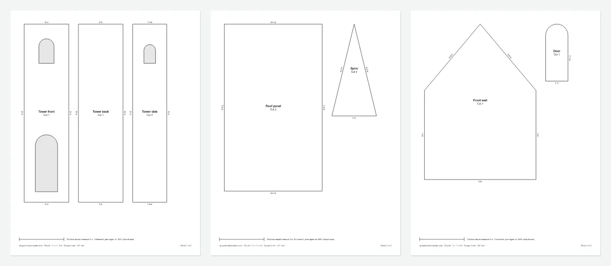Printable gingerbread church template with measured tower, spire and roof pieces (Medium, 5 in)