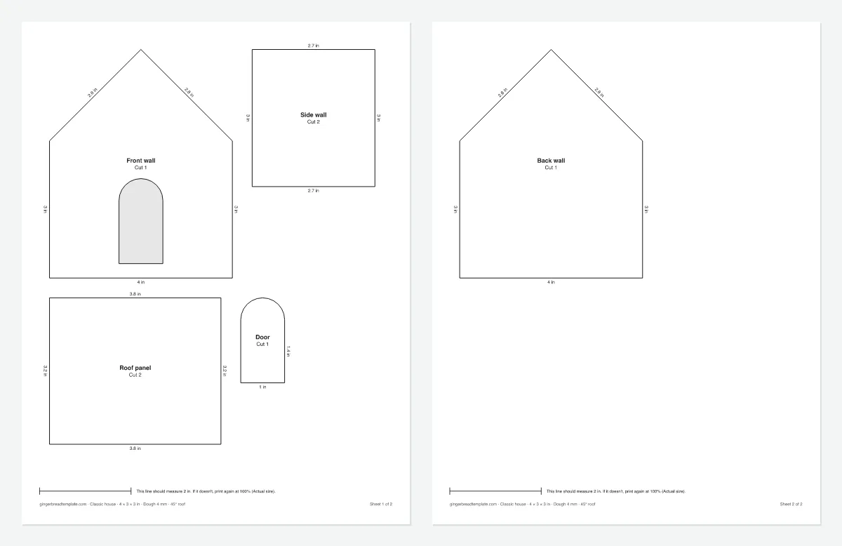 Printable easy gingerbread house template with measured front, side and roof pieces (Small, 4 in)