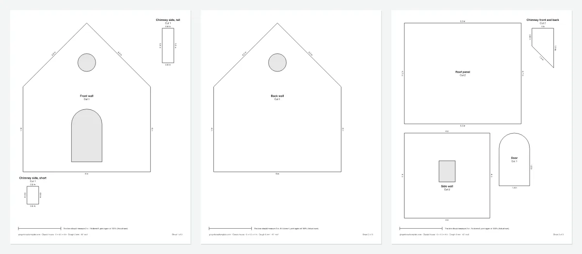 Printable gingerbread house template with measured front, side and roof pieces (Medium, 6 in)