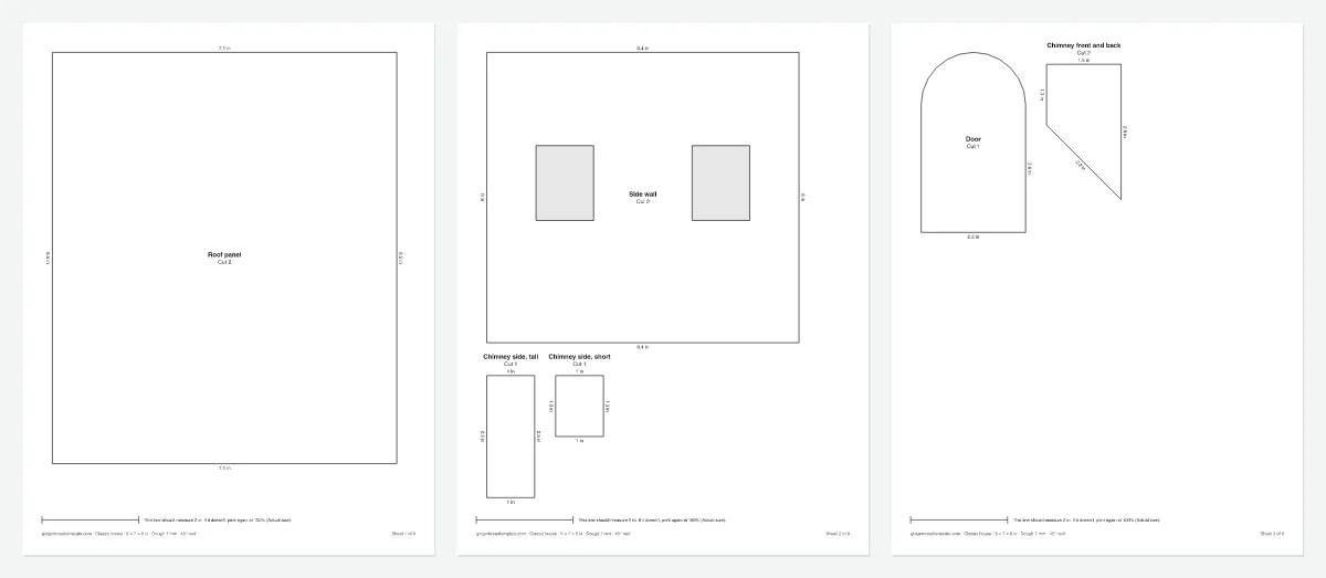 Printable large gingerbread house template with measured roof, side wall and chimney pieces (Large, 9 in)