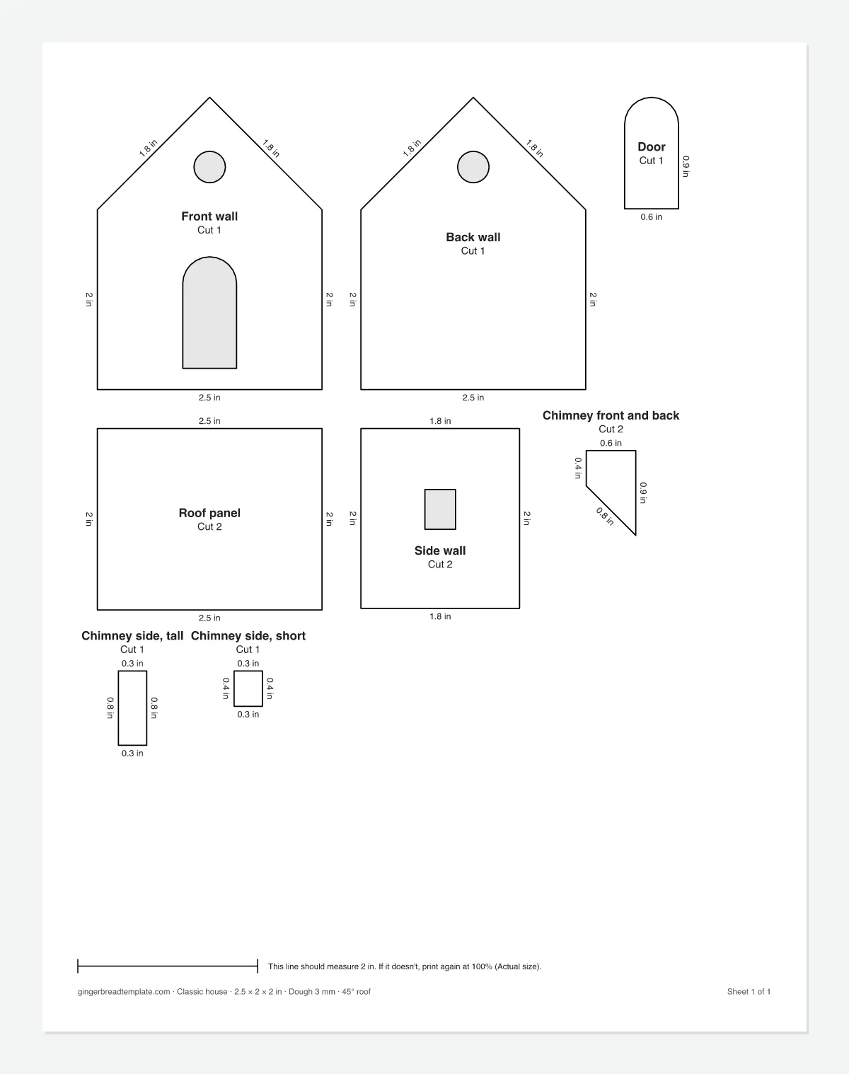 Printable mini gingerbread house template with all pieces measured on one sheet (Mini, 2.5 in)