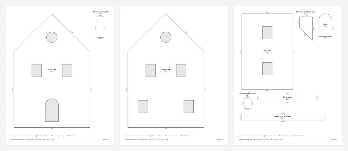 Printable two-story gingerbread house template with measured wall, band and chimney pieces (Medium, 6 in)